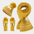 Dettaglio set in maglia natalizia gialla con motivo jacquard di renne e alberi - Guanti a Cinque Dita Gialli