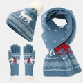 Dettaglio del set invernale grigio-blu con jacquard renna bianco e fodera in pile - Guanti a Cinque Dita Blu Navy