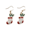 Detail of Christmas stocking drop earrings with festive red enamel and green leaf zircon - Enamel Stocking with Rhinestone