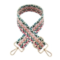 Close-up of geometric jacquard woven bag strap with golden metal spring hooks and buckle - Green Deep Pink Red