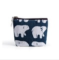 Cute navy blue canvas coin purse with white polar bear print and brown zipper detail - Dark Blue Polar Bear