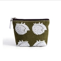 Olive canvas coin purse with white hedgehog print and white zipper pull detail - Hedgehog