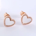 Minimalist heart stud earrings with rose gold beaded texture and white center inlay - Rose Gold