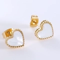 Elegant gold heart earrings with white mother-of-pearl inlay and beaded edges - Gold