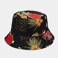 Close-up of black bucket hat featuring colorful tropical plants and Latin text printing - M (56-58cm) / 3# Black Cactus & Letters