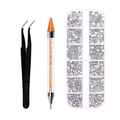 Close-up of nail rhinestone kit with ESD-15 tweezers, dotting pen, and 12-slot storage box - Orange