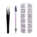 Detail view of nail art dotting tool set with tweezers, wax pen, and rhinestones - Purple