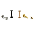 Macro view of stainless steel flat back studs in silver black gold and rose gold finishes - Sun