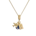 Gold travel necklace with airplane, blue globe and passport pendants on white background - Passport Style O-chain