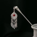 Ethnic silver hairpin with red gemstone, hollow patterns and feather tassel pendants - Silver/F141-2/Red Gemstone Tassel