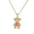 Golden bear necklace with pink and clear crystals on a delicate O-link chain - Rose Red