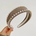 Detail of wide brown headband with double row rhinestones and soft fabric finish - Brown