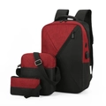 Three-piece red and black oxford fabric laptop backpack set with USB charging port - Red