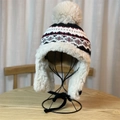 Ethnic pattern knitted trapper hat with beige faux fur pompom and ear flaps - Adult One Size 54-58cm / Black