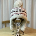 Ethnic knit trapper hat with pom-poms and warm faux fur lining for winter skiing - Adult One Size 54-58cm / Beige