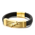 Men's retro braided black leather bracelet with gold stainless steel clasp on white background - Gold (19cm)