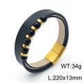 Dettaglio del bracciale in pelle nera a doppio strato con fibbia e perle dorate - Stile B Oro (KB149656-KLHQ) / Oro