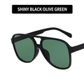 Retro double-bridge oversized aviator sunglasses in bright black frame and olive green lens - Glossy Black Olive Green