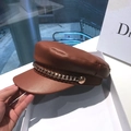 Detailed close-up of brown PU leather newsboy hat featuring decorative gold chain and buttons - M (56-58cm) / Chocolate