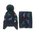Conjunto de gorro y bufanda de punto azul marino para niños con diseños de dinosaurios - Azul Marino