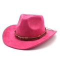 Detail of hot pink suede western cowboy hat with brown belt and metal star studs - M (56-59cm) / Rose Red