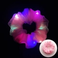 Pink chiffon LED scrunchie glowing with colorful lights against a dark background - Mesh Watermelon Red