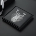 Slim black leather men's wallet featuring a detailed white reindeer illustration on the front - Horizontal / Silver