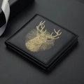 Slim black leather men's wallet with artistic golden stag print and gift box packaging - Horizontal / Gold