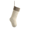 Cream-white knitted Christmas stocking with brown ribbed cuff and cable knit pattern - Ivory & Linen