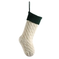 Cream white knitted Christmas stocking with green cuff and classic cable pattern - Ivory & Dark Green
