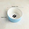 Blue ceramic cat bowl with vertical stripes and paw print for cage mounting - Single Blue Bowl (Paw Print)