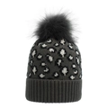 Close-up of leopard pattern knit hat with a large fluffy faux fur pompom on top - Dark Gray
