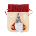 Christmas burlap gift bag with grey plaid gnome and red drawstring closure - Style C / Beige