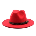 Macro detail of red wool fedora hat featuring a leopard print band and classic brim - M (56-58cm) / Red