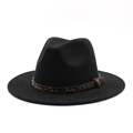 Detail of black wool fedora hat featuring a stylish leopard print band and wide brim - M (56-58cm) / Black
