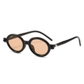 Retro oval sunglasses with thick black frames and tinted lenses in a 45-degree angle view - Black Frame Champagne Lens