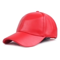 Detailed view of red PU leather baseball cap showing curved brim and texture - Adjustable / Red