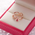 Rose gold flower open ring with red teardrop crystal on pink velvet display case - 5#14117A (Rose Gold Red Water Drop Pendant)