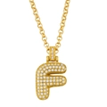 Detailed view of capital letter F pendant with pave-set cubic zirconia on a gold chain - Letter F