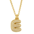 Close-up of gold-plated letter E pendant with pave-set crystals and thick curb chain - Letter E