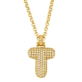 Detailed view of a gold-plated letter T pendant encrusted with pavé crystals on a rolo chain - Letter T