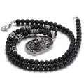 Collar punk para hombre con colgante de cabeza de león plateado y cuentas de hematita - Estilo Cuentas de Vidrio / Color Acero