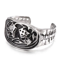 Vintage silver skull and dice open cuff bracelet with flame detailing in stainless steel - Double Skulls Dice Flame Pattern Style (KB42917-D)