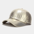 Detailed side view of golden PU leather baseball cap with metallic pearlescent texture - Gold (Laser Style)
