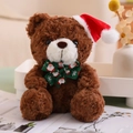 Detail of a brown teddy bear with a red Santa hat and green bow in a cozy indoor setting - Green Bow Tie Style (Dark Brown Bear)