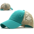 Detailed view of teal washed cotton baseball cap with ponytail crisscross design - Adjustable / Lake Blue