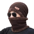 Men winter knit beanie hat and neck warmer set with thick fleece lining in dark brown - Fleece Set / Khaki