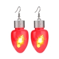 Detail of red LED Christmas bulb earrings with silver hooks and glowing warm yellow light - Red Earrings