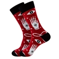Detail of red crew socks with white palm and eyeball knit patterns and black trim - Size 38-45 / Red Hamsa Hand