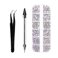 Detail van nail art dotting tools met pincet en set gemengde strassteentjes - Zwart